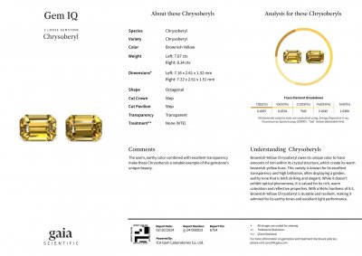 Сертификат Пара хризобериллов в огранке октагон 16,21 карата, Шри-Ланка