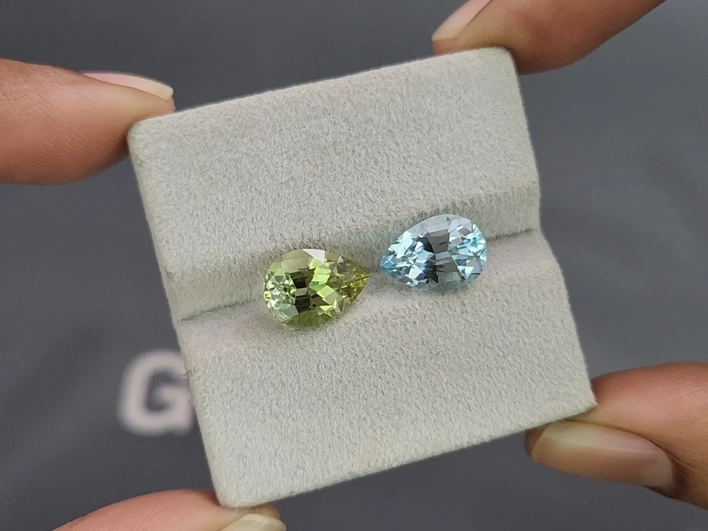 Контрастная пара из аквамарина и  гелиодора в огранке груша 5,14 карат, Мозамбик Изображение №4