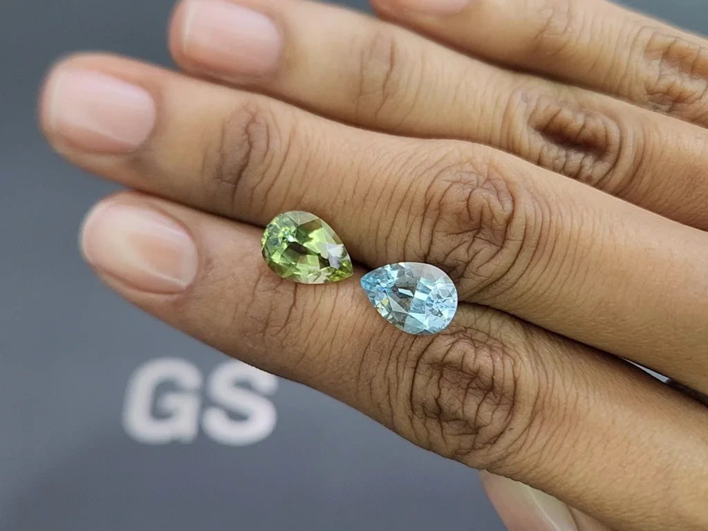 Контрастная пара из аквамарина и  гелиодора в огранке груша 5,14 карат, Мозамбик Изображение №2