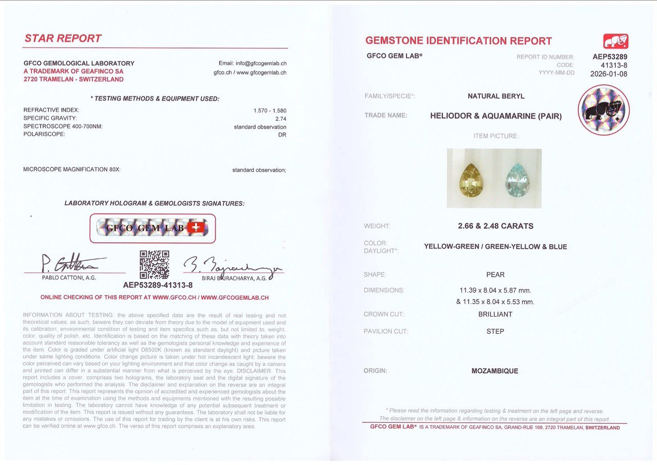 Контрастная пара из аквамарина и  гелиодора в огранке груша 5,14 карат, Мозамбик Изображение №5