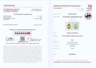 Сертификат Контрастная пара из аквамарина и  гелиодора в огранке груша 5,14 карат, Мозамбик