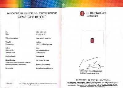 Сертификат Бирманская розовая шпинель 6,88 карат