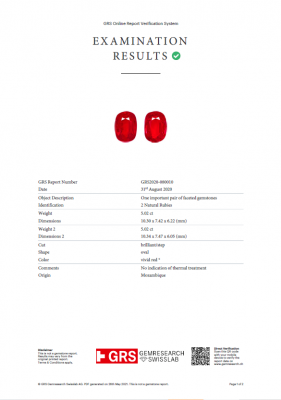 Сертификат Уникальная пара негретых рубинов 10,04 карат цвета Vivid Red - Pigeon's blood, Мозамбик, GRS/SSEF