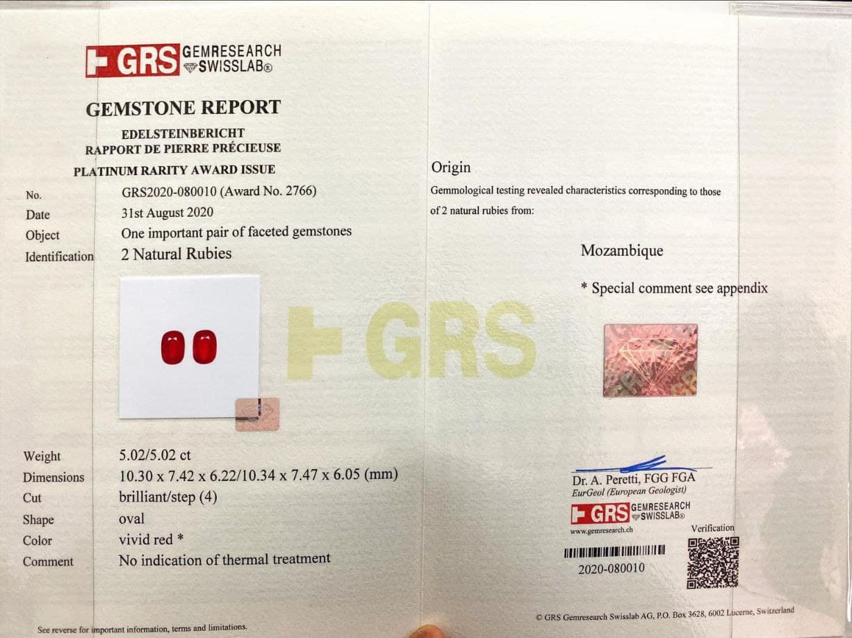 Уникальная пара негретых рубинов 10,04 карат цвета Vivid Red - Pigeon's blood, Мозамбик, GRS/SSEF Изображение №14
