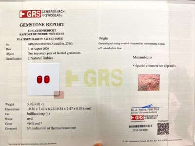 Сертификат Уникальная пара негретых рубинов 10,04 карат цвета Vivid Red - Pigeon's blood, Мозамбик, GRS/SSEF