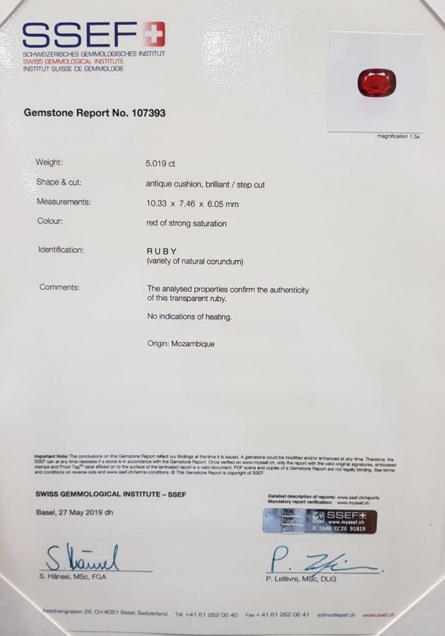 Сертификат Уникальная пара негретых рубинов 10,04 карат цвета Vivid Red - Pigeon's blood, Мозамбик, GRS/SSEF