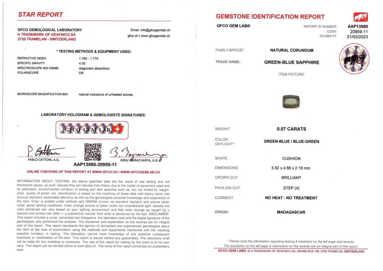 Сертификат Негретый сапфир цвета Teal 0,57 карат, Мадагаскар, GFCO