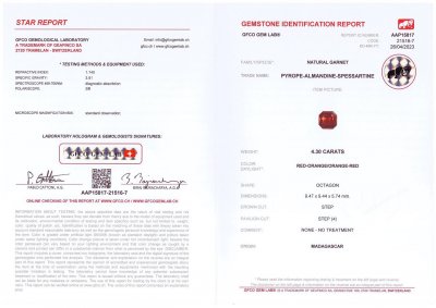 Сертификат Яркий оранжево-красный гранат в огранке октагон 4,30 карат, Мадагаскар