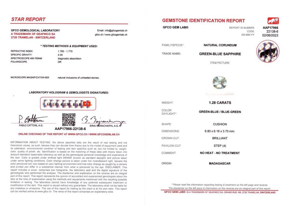 Сертификат Необлагороженный teal сапфир в огранке кушон 1,28 карат, Мадагаскар