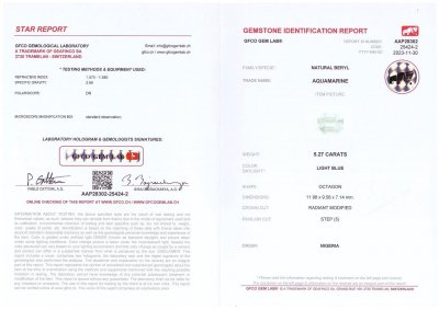 Сертификат Аквамарин в огранке октагон 5,27 карат, Нигерия