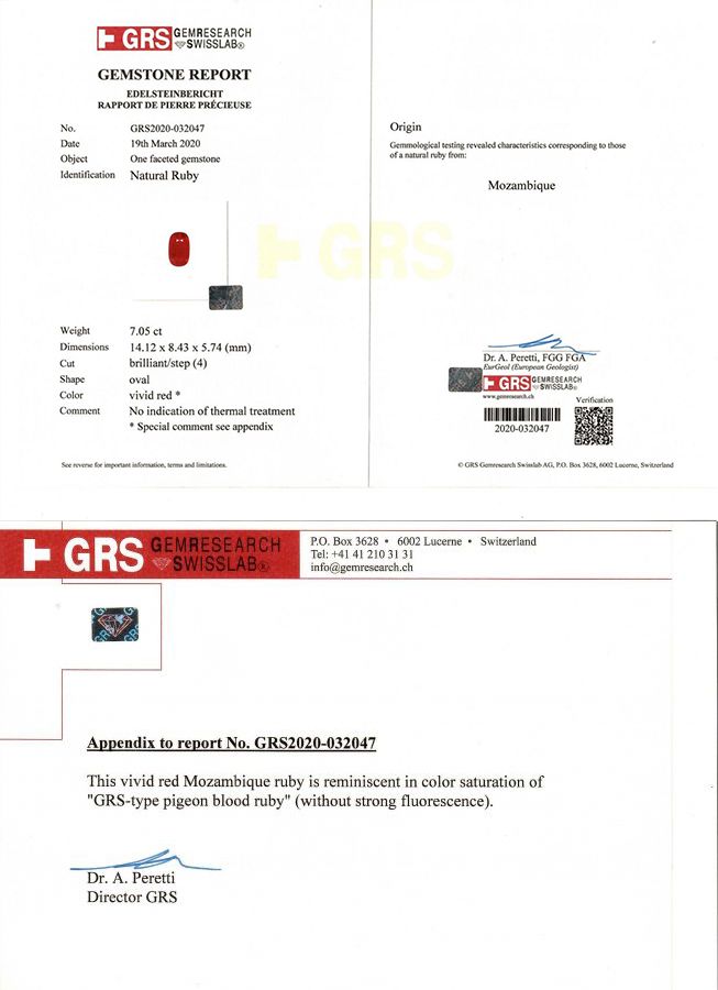 Сертификат Инвестиционный негретый рубин из Мозамбика, 7,05 карат, Pigeon's Blood, GRS