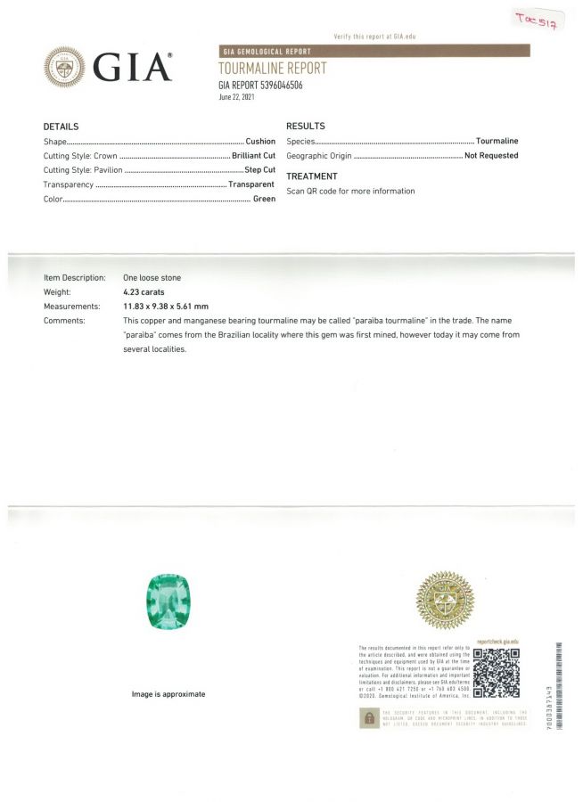 Сертификат Турмалин Параиба в огранке кушон 4,23 карата