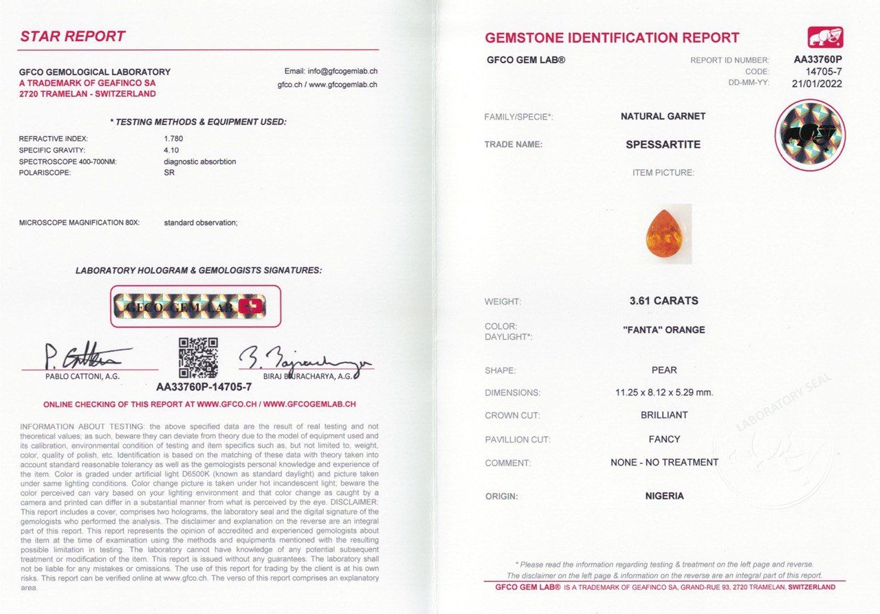 Сертификат Спессартин цвета Fanta в огранке груша 3,61 карата, Нигерия, GFCO