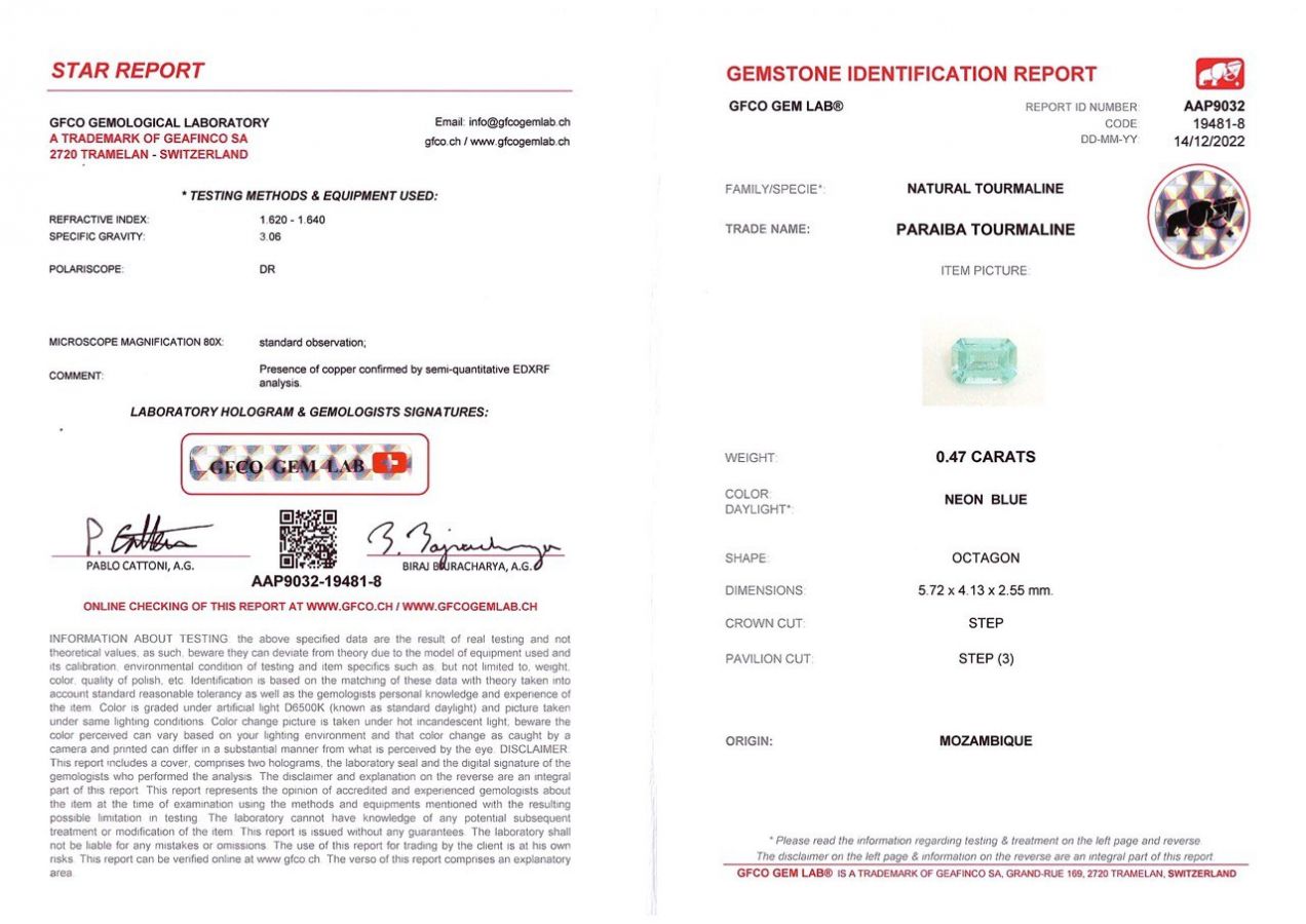 Сертификат Неоновый турмалин Параиба 0,47 карат в огранке октагон
