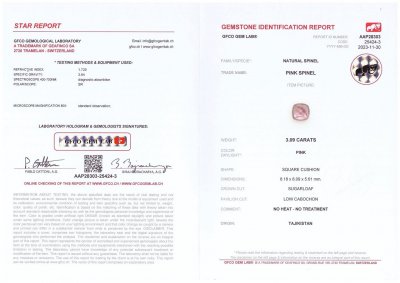 Сертификат Памирская розовая шпинель в огранке сахарная голова 3,09 карат