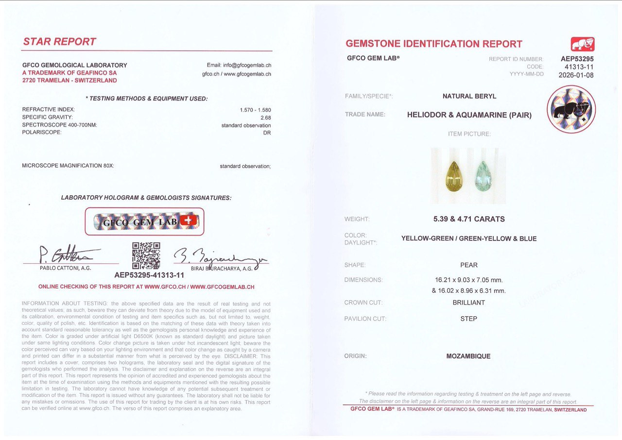 Контрастная пара из аквамарина и гелиодора в огранке груша 10,10 карат, Мозамбик Изображение №5