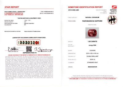 Сертификат Сапфир Падпараджа в огранке кушон 1,55 карат, Мадагаскар