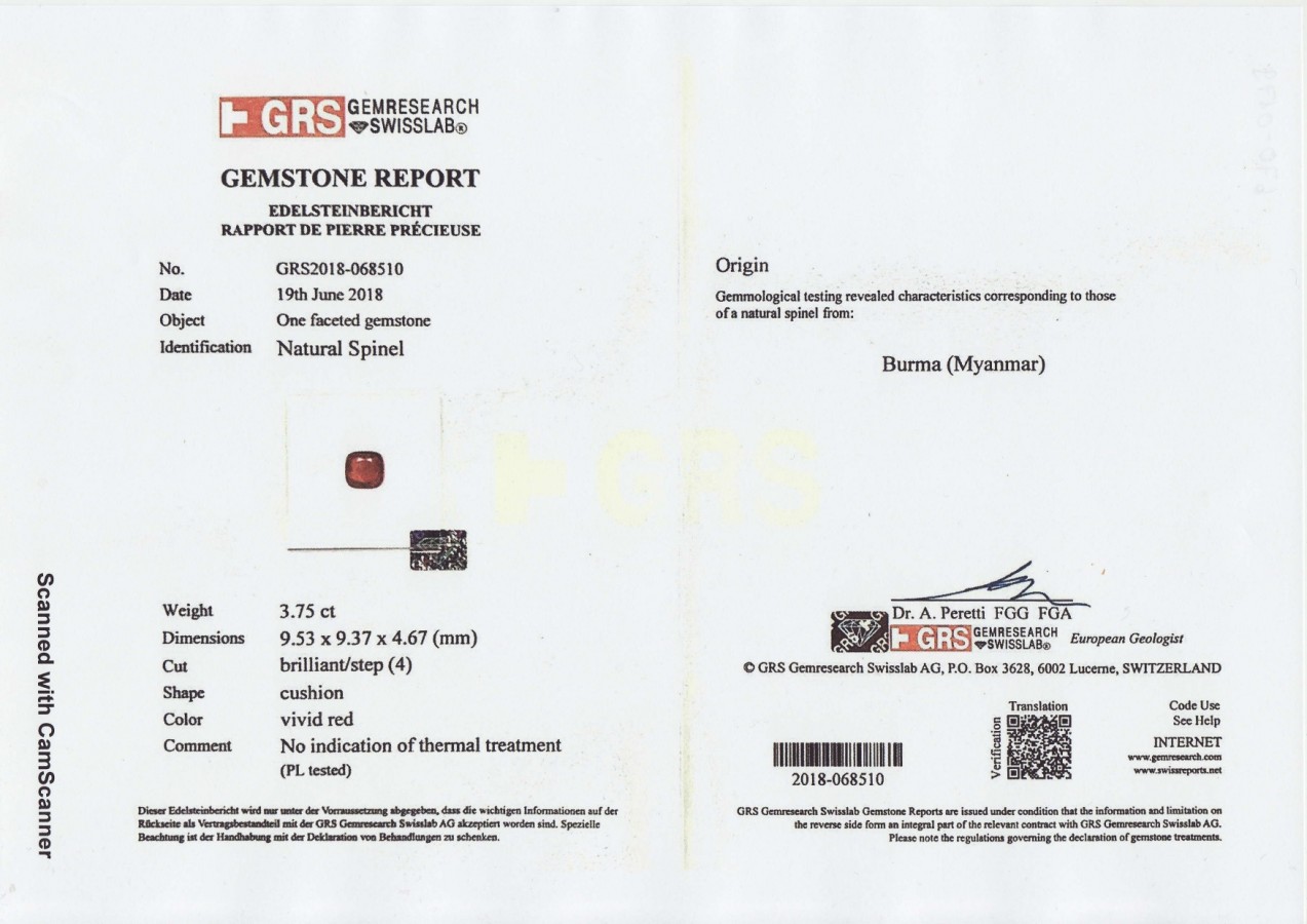Сертификат Ярко-красная бирманская шпинель 3,75 карат, GRS