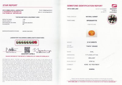 Сертификат Спессартин цвета Fanta в огранке овал 2,14 карат, Нигерия, GFCO