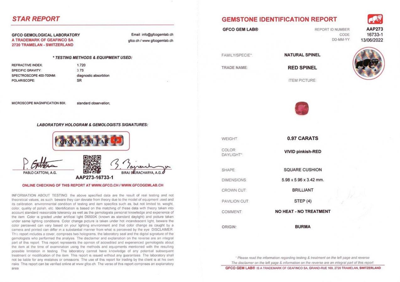 Сертификат Красная шпинель в огранке кушон 0,97 карат, Бирма