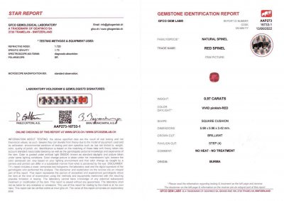 Сертификат Красная шпинель в огранке кушон 0,97 карат, Бирма