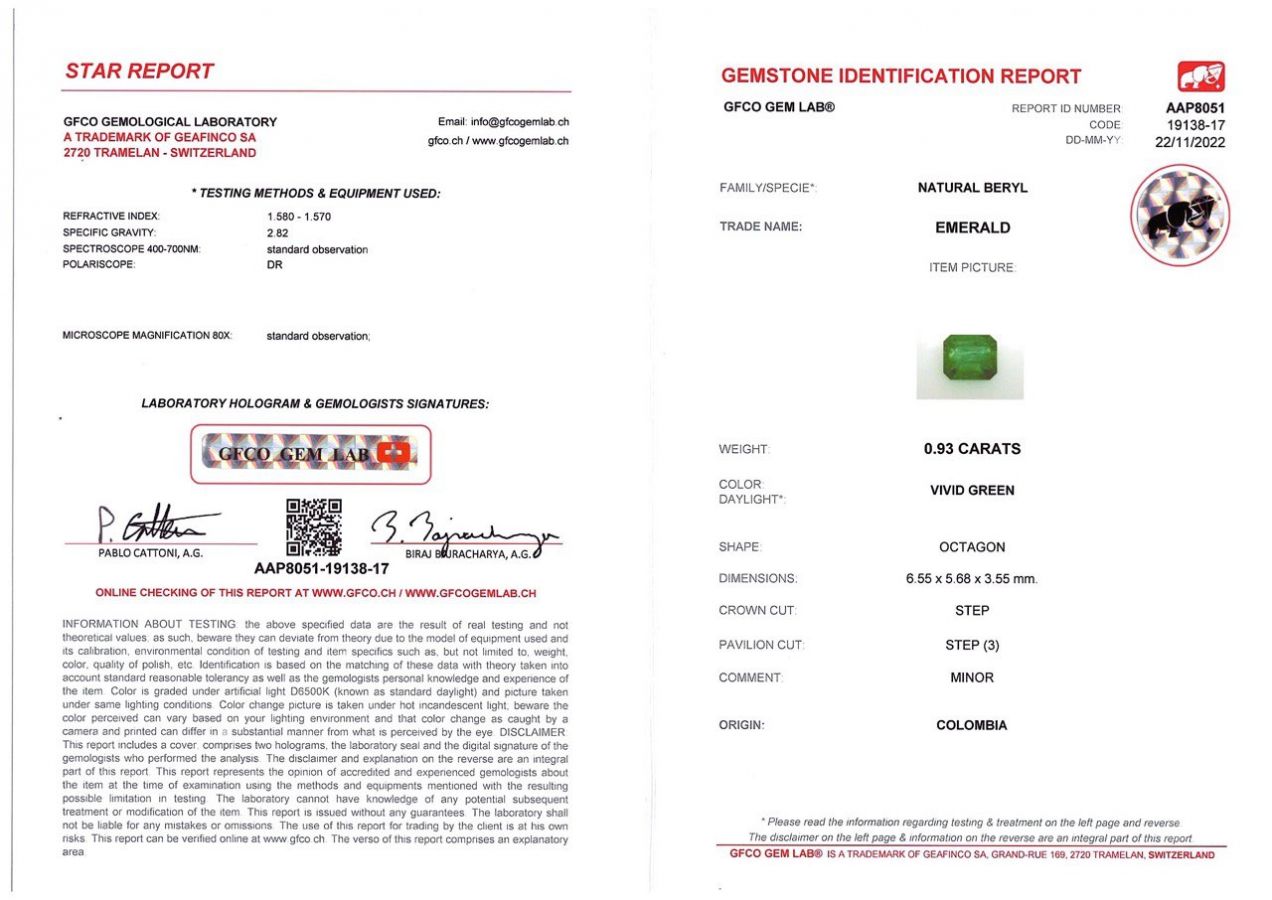 Сертификат Насыщенный изумруд из Колумбии 0,93 карат