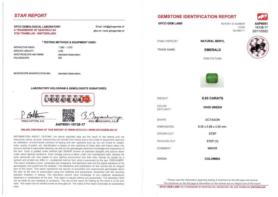 Сертификат Насыщенный изумруд из Колумбии 0,93 карат, Vivid Green