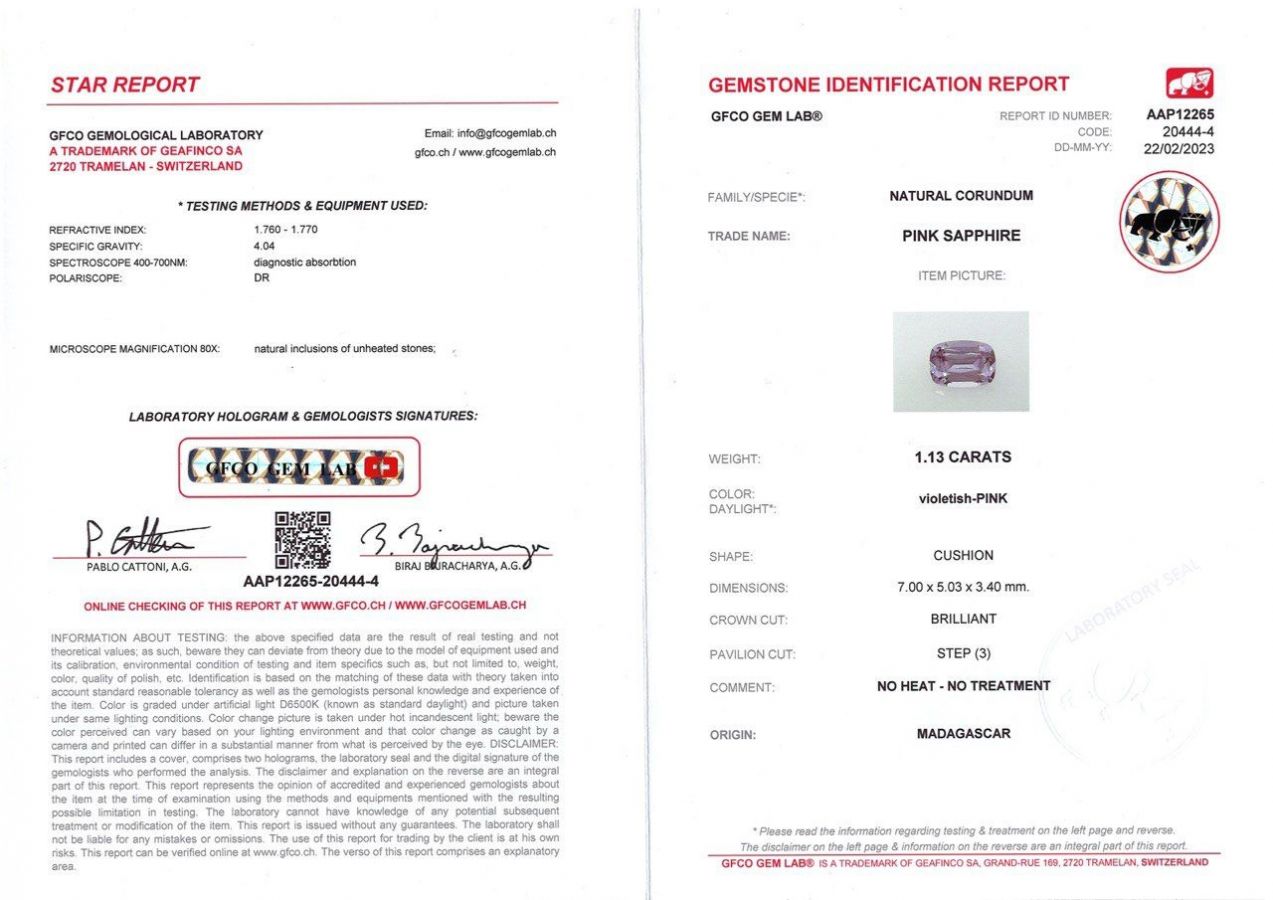 Сертификат Контрастная пара желтого циркона и лавандового сапфира 2,36 карата
