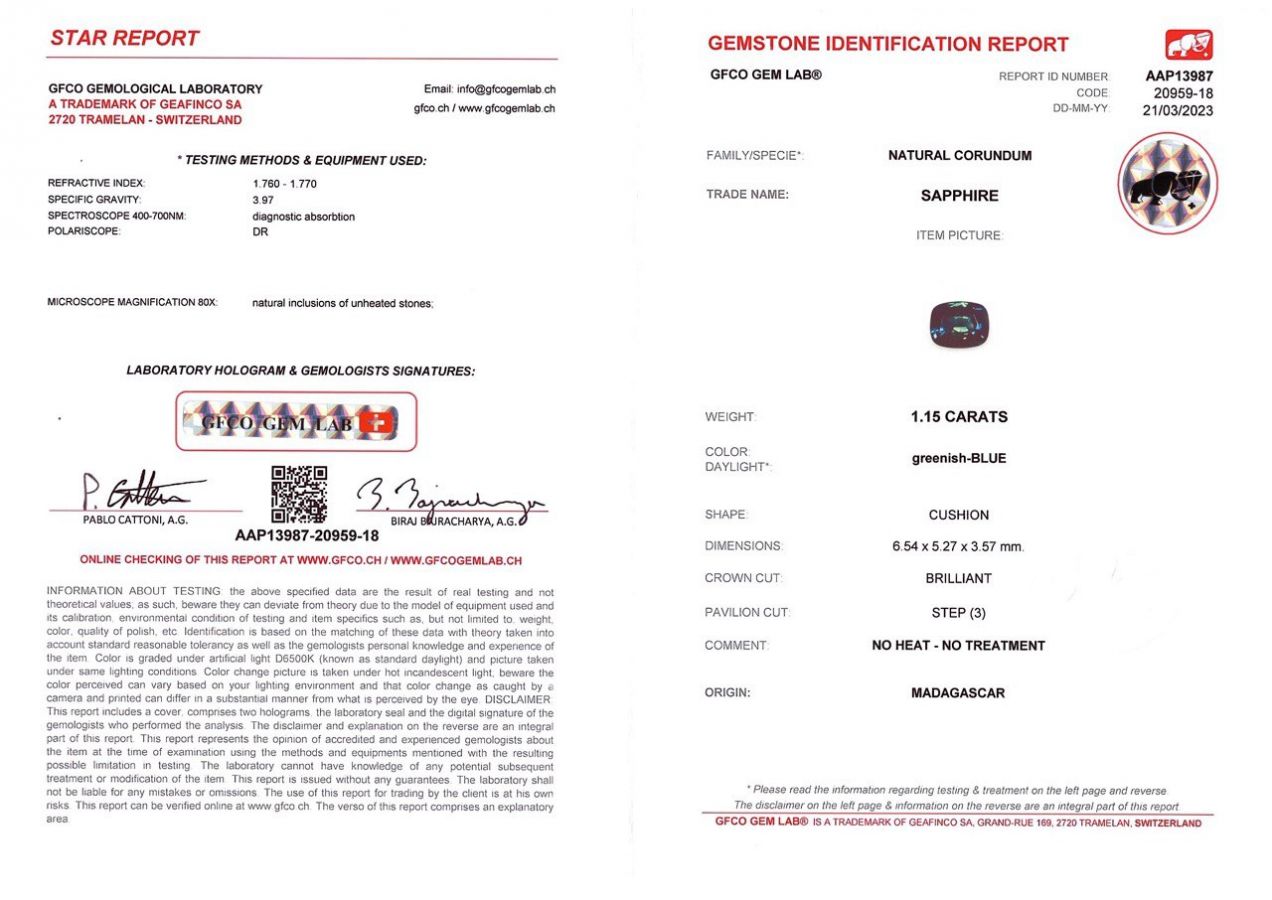 Сертификат Негретый сапфир цвета teal в огранке кушон 1,15 карат, Мадагаскар