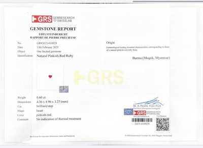 Сертификат Негретый рубин в огранке сердце 0,60 карат, Бирма (Могок) 