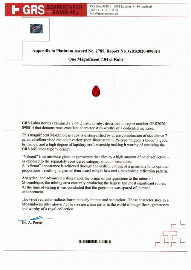 Сертификат Инвестиционный негретый рубин 7,04 карат цвета Vibrant Red - Pigeon's blood, Мозамбик, GRS Platinum