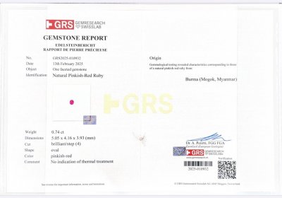 Сертификат Негретый рубин в огранке овал 0,74 карат, Бирма ( Могок)
