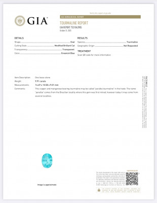 Сертификат Неоновый зеленовато-голубой турмалин Параиба в огранке овал 9,91 карат, Мозамбик