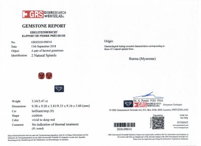 Сертификат Пара ярко-красной бирманской шпинели 7,01 карат, GRS
