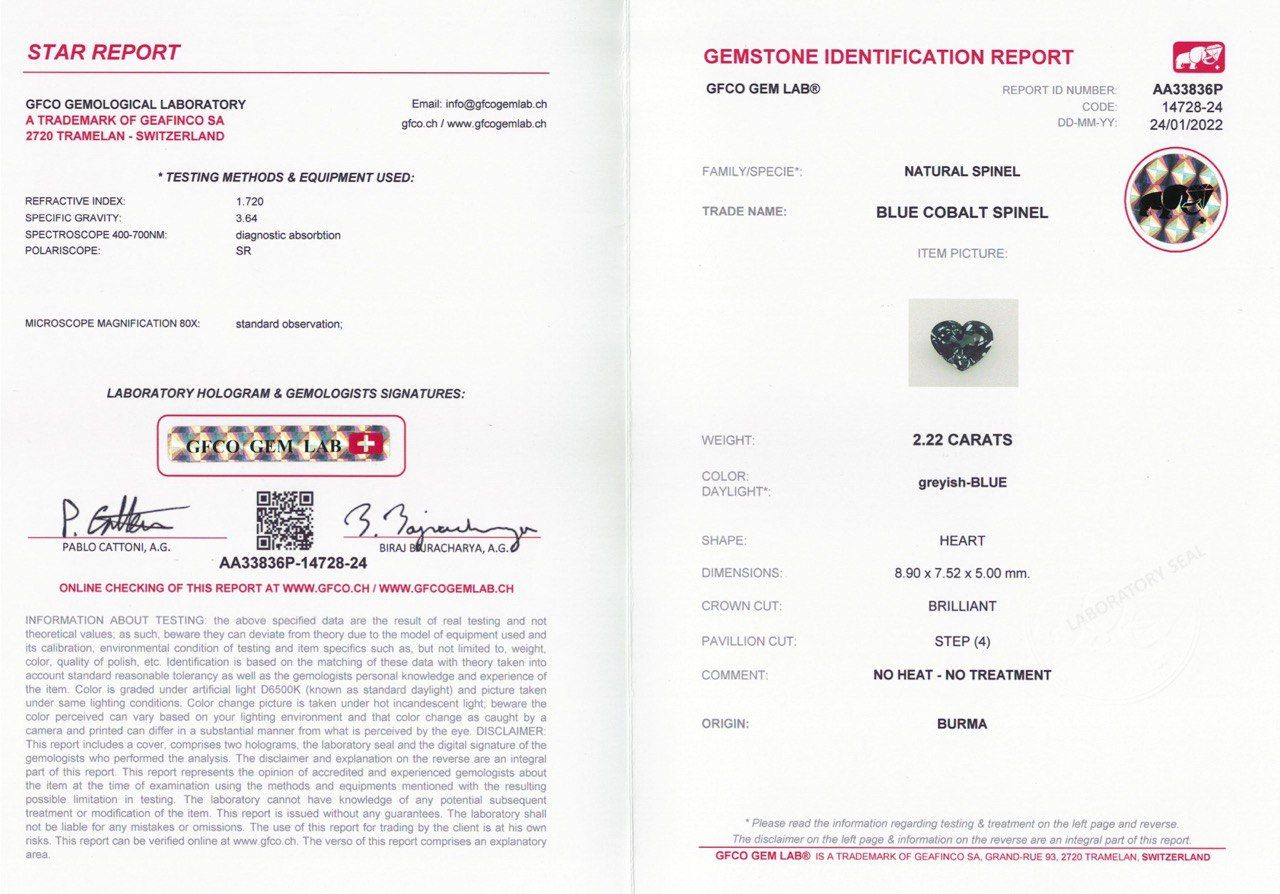 Сертификат Синевато-серая шпинель в огранке сердце 2,22 карата, Бирма