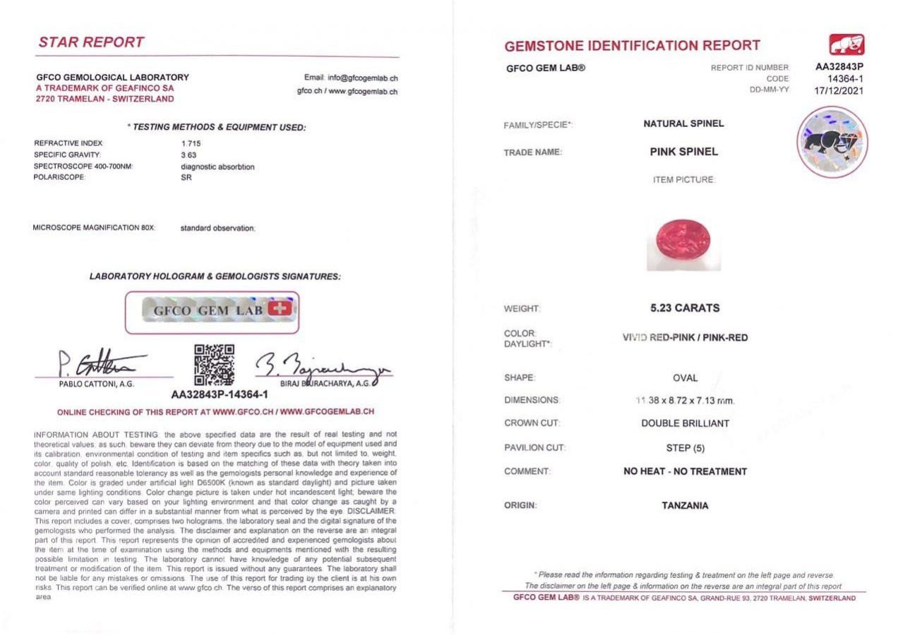 Сертификат Неоновая красно-розовая шпинель Махенге в огранке овал 5,23 карата