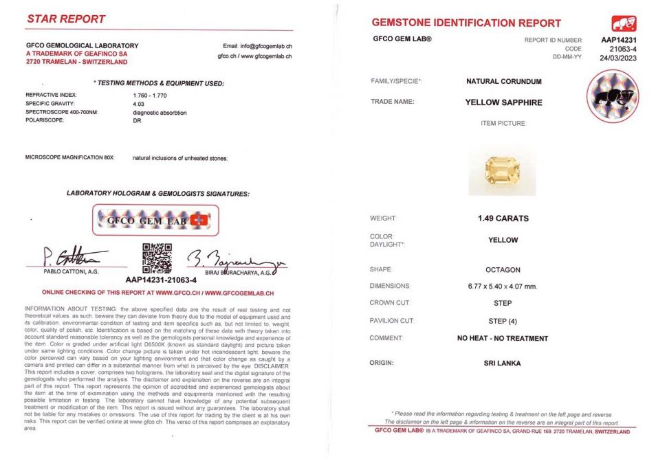 Сертификат Негретый желтый сапфир в огранке октагон 1,49 карат, Шри-Ланка
