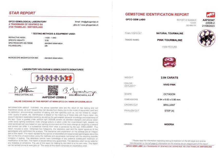 Сертификат Кольцо с турмалином рубеллитом 2,84 карата в розовом золоте 750 пробы