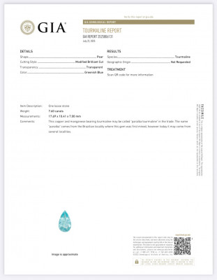 Сертификат Неоновый зеленовато-голубой турмалин Параиба в огранке груша 7,60 карат, Мозамбик
