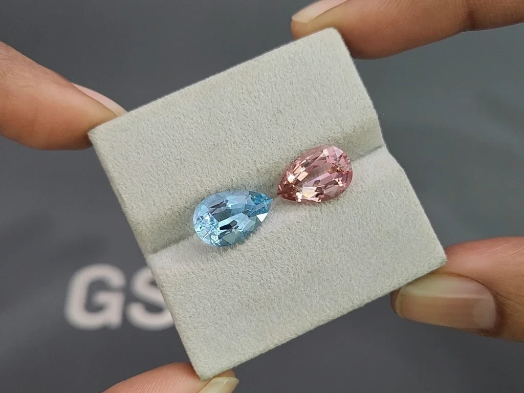 Контрастная пара из аквамарина и турмалина в огранке груша 5,93 карат, Мозамбик, Нигерия Изображение №4