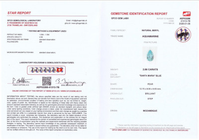 Сертификат Контрастная пара из аквамарина и турмалина в огранке груша 5,93 карат, Мозамбик, Нигерия