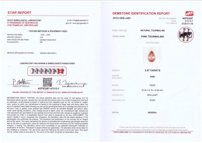 Сертификат Контрастная пара из аквамарина и турмалина в огранке груша 5,93 карат, Мозамбик, Нигерия