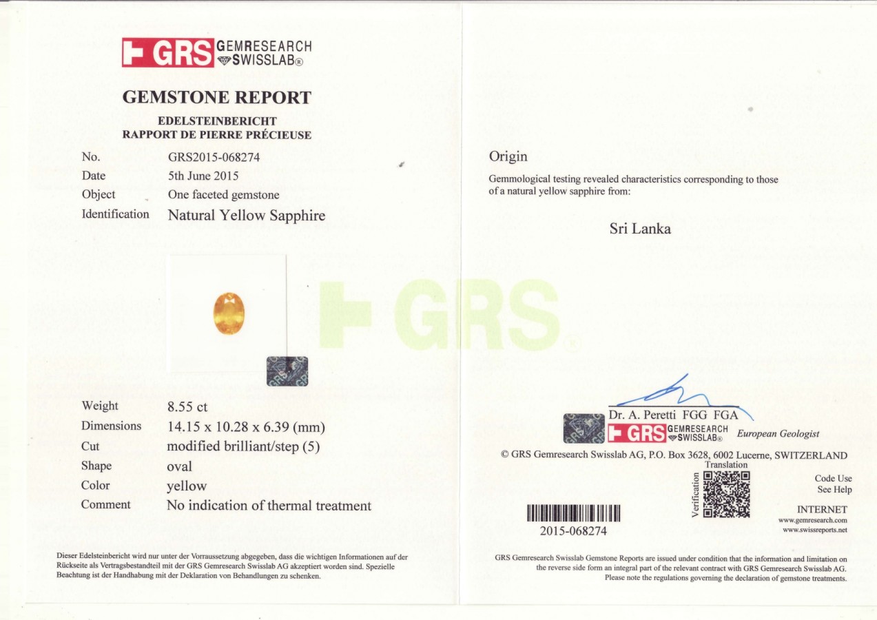 Сертификат Негретый жёлтый цейлонский сапфир 8,55 карат, GRS