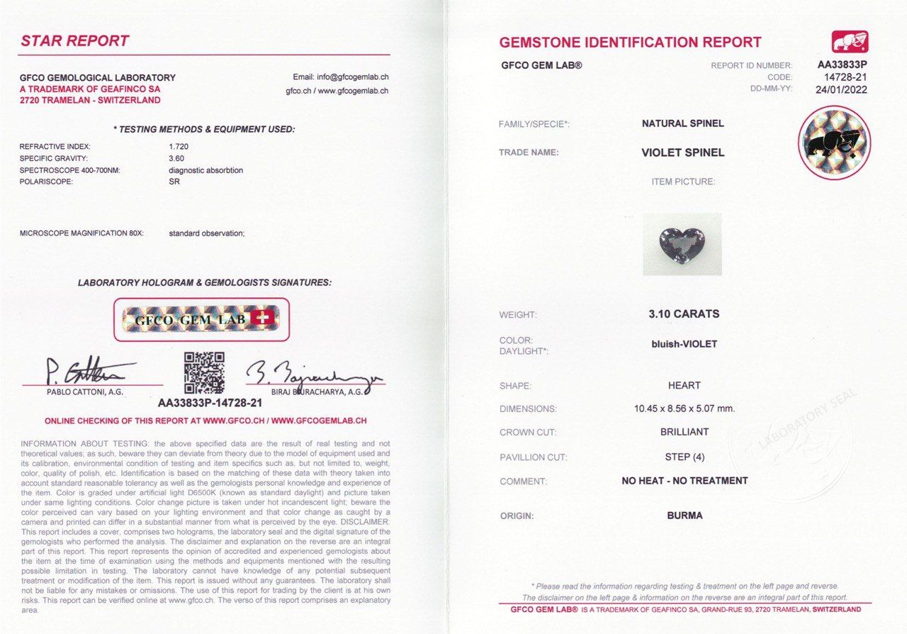 Сертификат Бирманская фиолетово-серая шпинель в огранке сердце 3,10 карат, GFCO