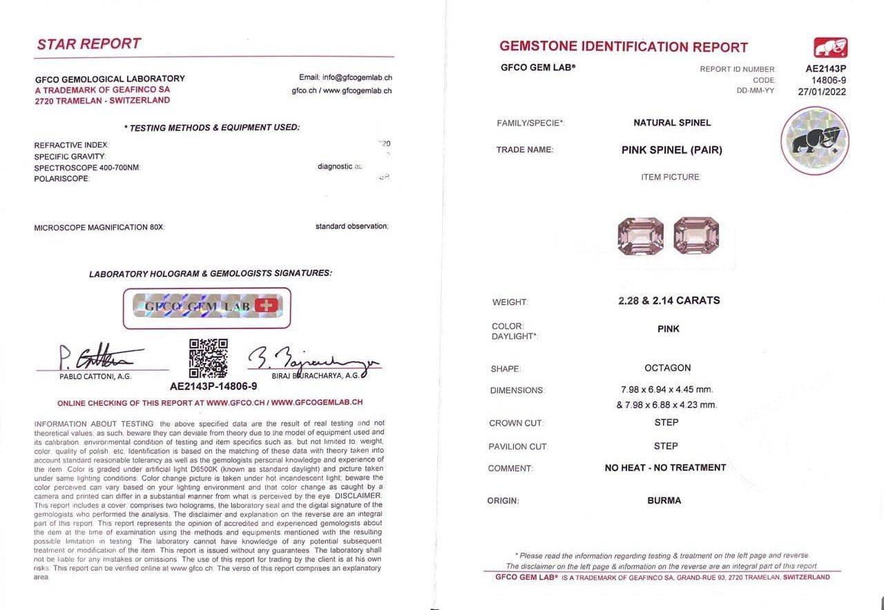 Сертификат Пара серовато-розовых шпинелей в огранке октагон 4,42 карата, Бирма
