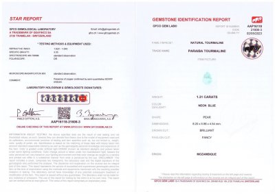 Сертификат Голубой турмалин Параиба в огранке груша 1,31 карата, Мозамбик