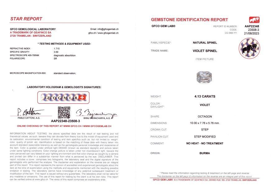 Сертификат Кольцо с лавандовой шпинелью 4,13 карат и бриллиантами в белом золоте 750 пробы