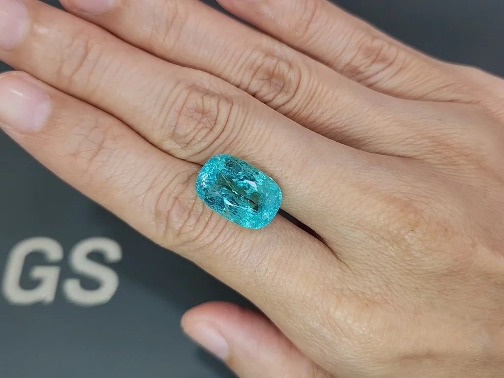 Неоновый зеленовато-голубой турмалин Параиба в огранке кушон 13,12 карат, Мозамбик Изображение №2