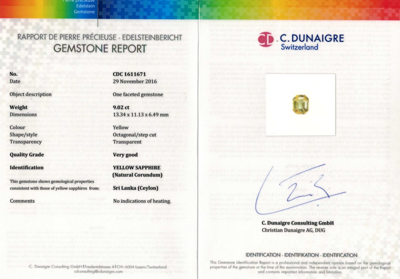 Сертификат Негретый жёлтый сапфир 9,02 карата, Шри-Ланка