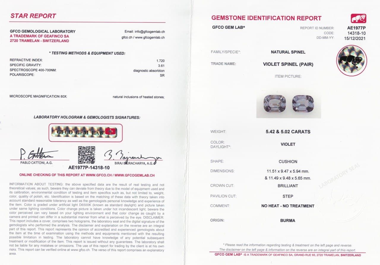 Сертификат Пара фиолетово-серой шпинели в огранке кушон 10,43 карата, Бирма, GRS